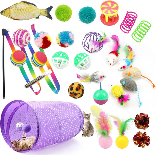28Pcs Cat Toys Kitten Toys Assorted,Cat Tunnel Catnip Fish Feather Teaser Wand Fluffy Mouse Mice Balls Tumbler Color Funny Cat Stick Bells Toys for Cat Kitty